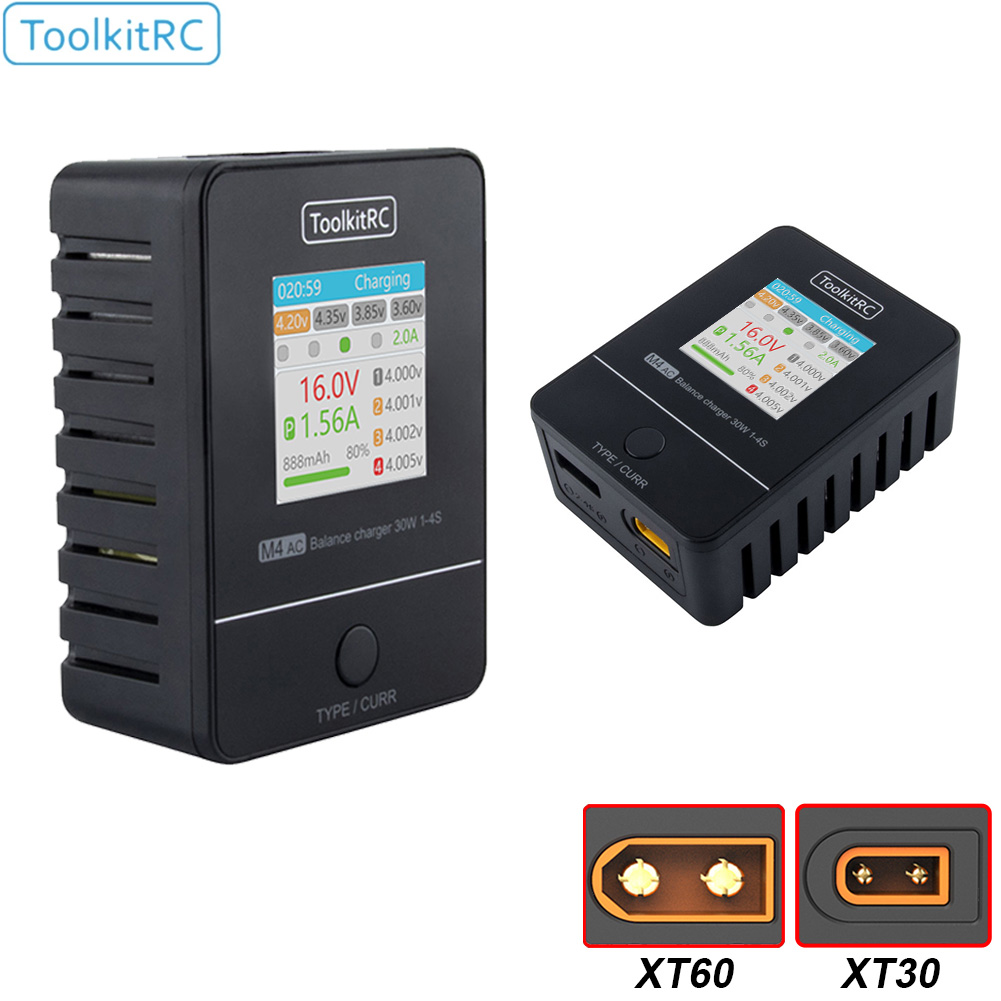 Drone Racing Charger - ドローン用バッテリー充電器ToolkitRC-M4AC,30W,Lipo Life,Lihv,コンパクトAC, 1-4s,XT30, XT60,RCモデル用インターフェース,fpvレーシング,フリースタイル
